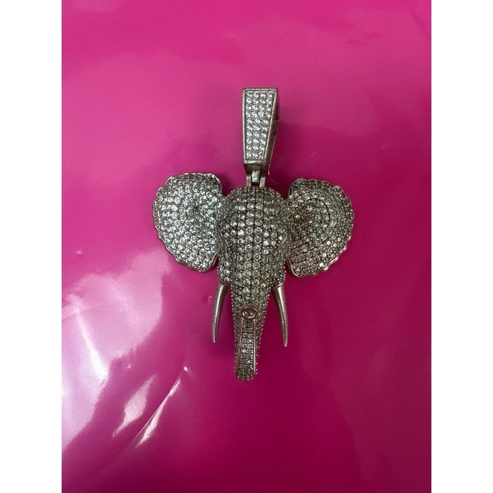 Hip Hop Iced Out Elephant Pendant Silver Tone Clear CZ Rhinestone Charm 2.5
